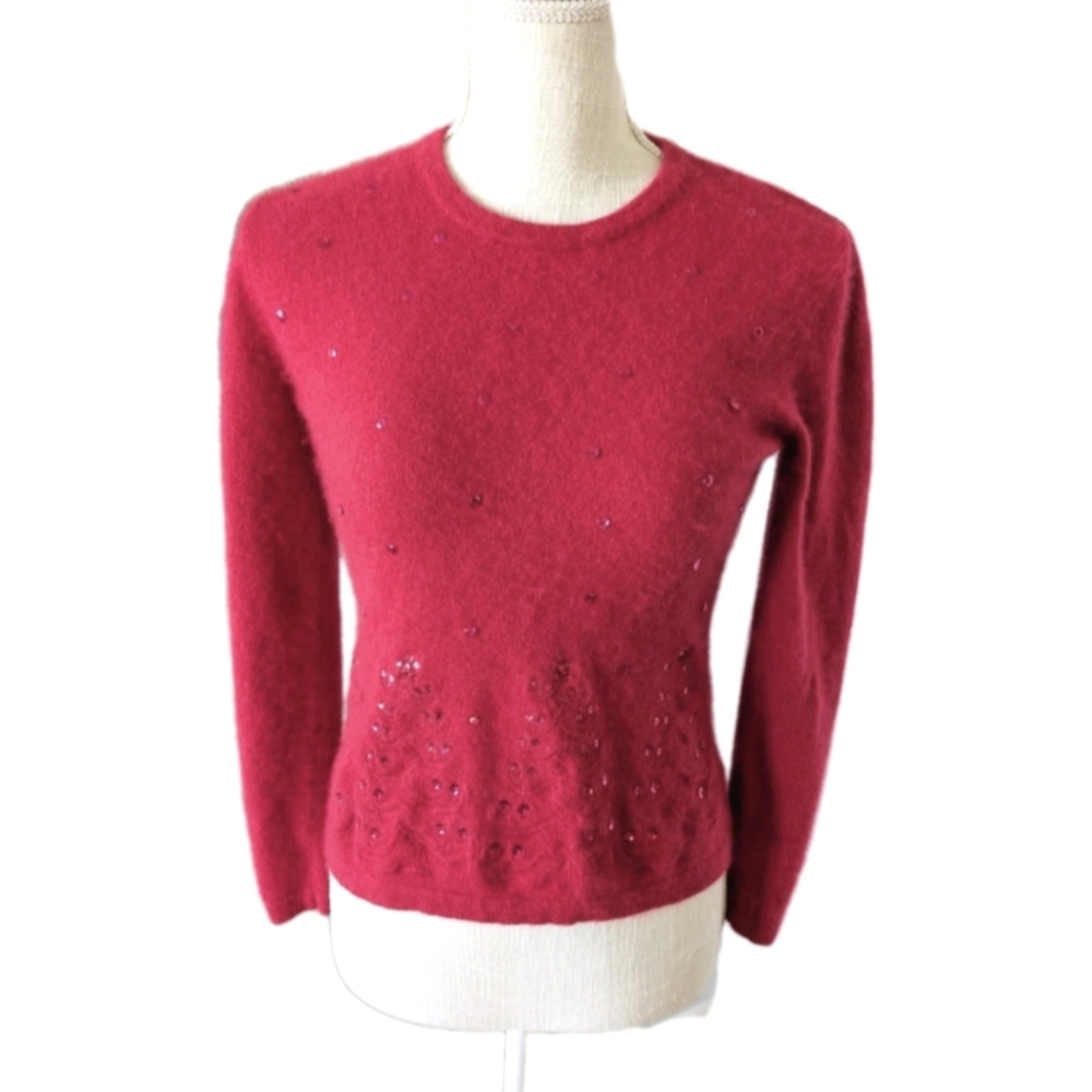 Merry & Bright Size S‎ Christmas Sweater Red Sequin Tree Angora And Wool Holiday